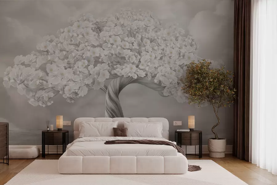 wall murals Велико дрво у цвећу са облацима у позадини у пастелним бојама w02748v1