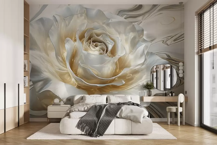 wall murals Велика бисерно бела ружа у металик стилу w02870
