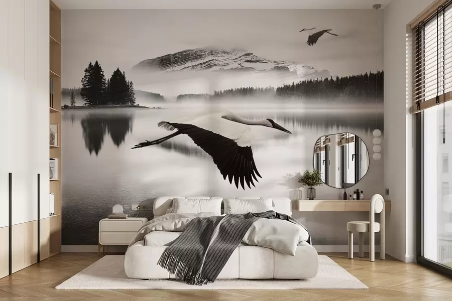 wall murals Рода у лету изнад реке и планина, црно-бели пејзаж са птицама w08658