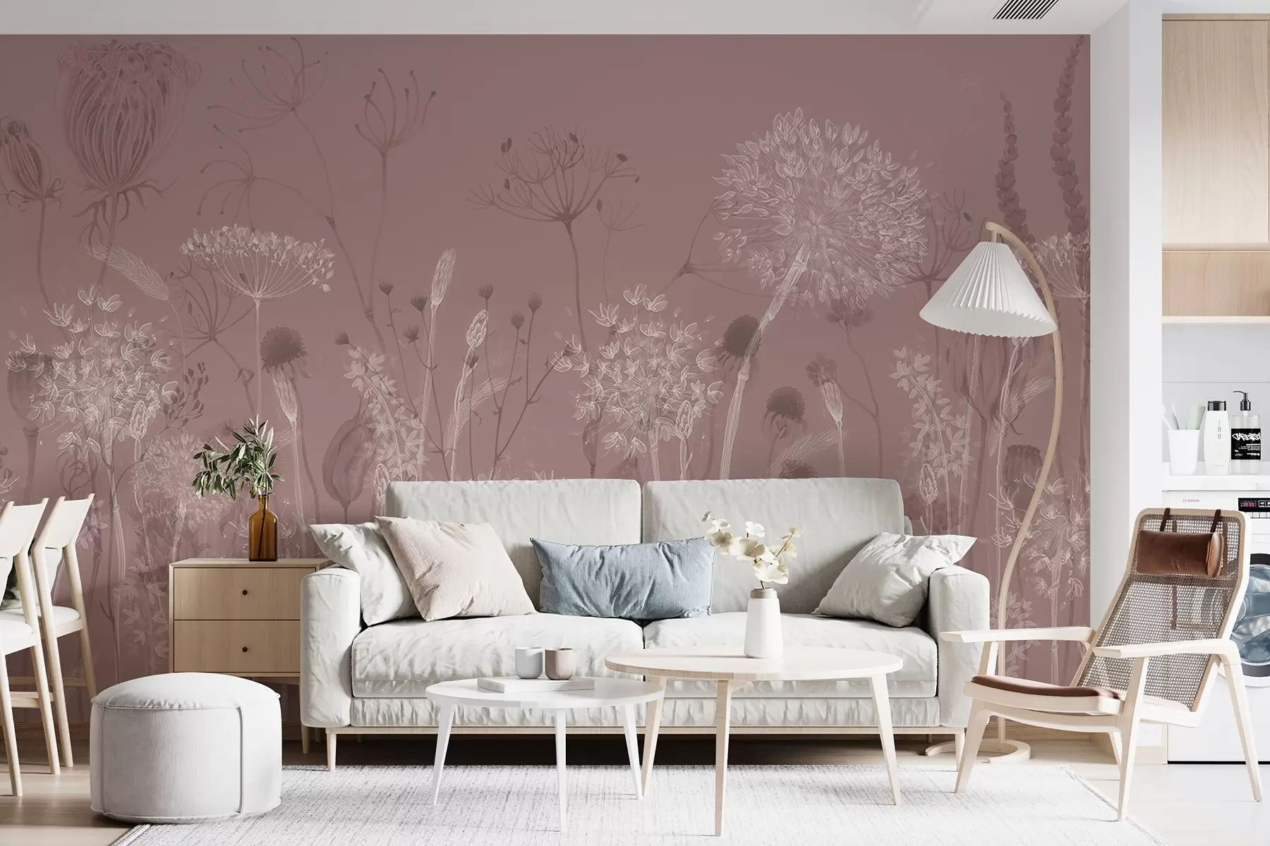 wall murals Ваздушни маслачак и дивље цвеће у акварел стилу у ружичастим тоновима w08637v1