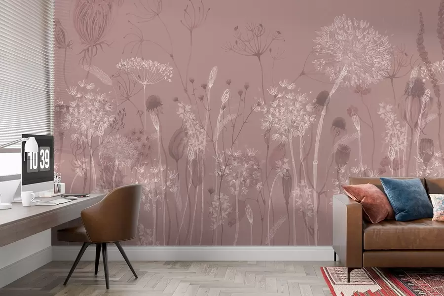 wall murals Ваздушни маслачак и дивље цвеће у акварел стилу у ружичастим тоновима w08637v1