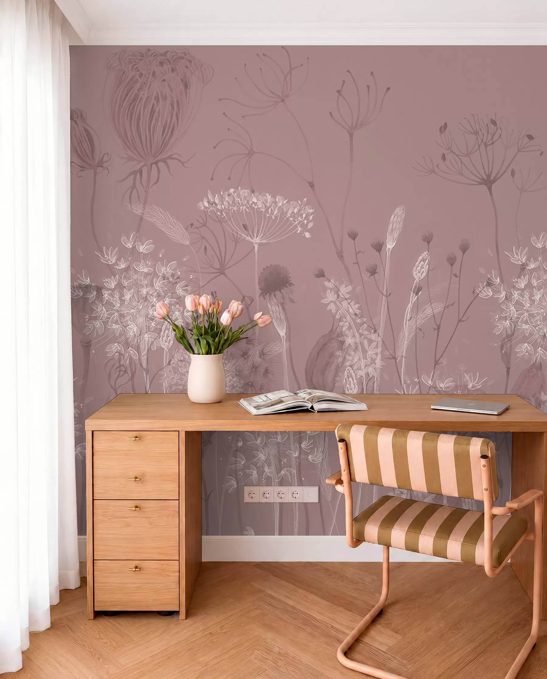 wall murals Ваздушни маслачак и дивље цвеће у акварел стилу у ружичастим тоновима w08637v1