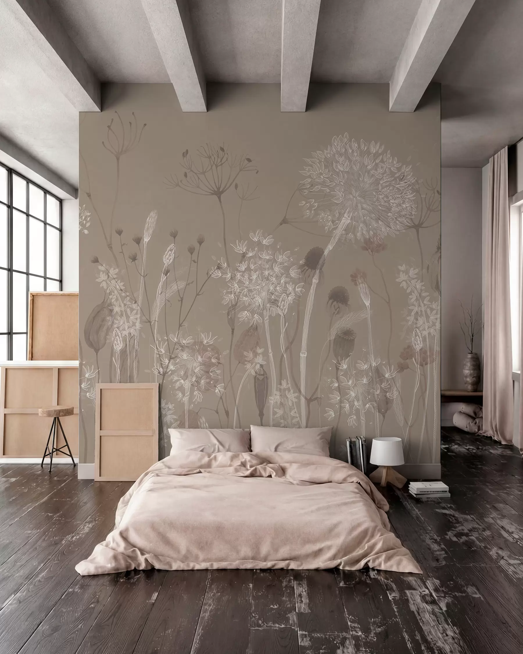 wall murals Грациозан узорак са деликатним маслачцима, биљкама и дивљим цвећем у беж сивим тоновима w08637v2