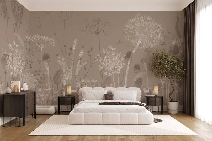 wall murals Грациозан узорак са деликатним маслачцима, биљкама и дивљим цвећем у беж сивим тоновима w08637v2