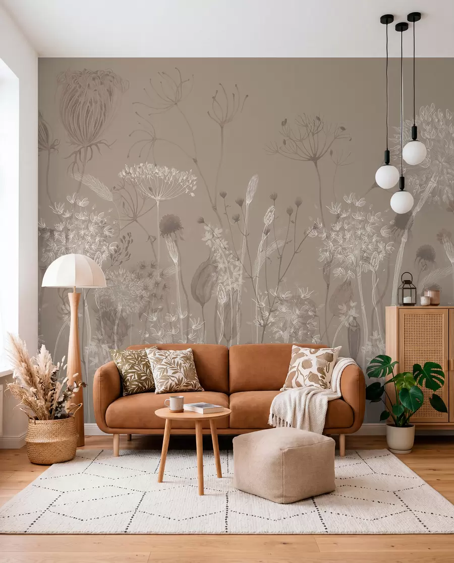 wall murals Грациозан узорак са деликатним маслачцима, биљкама и дивљим цвећем у беж сивим тоновима w08637v2