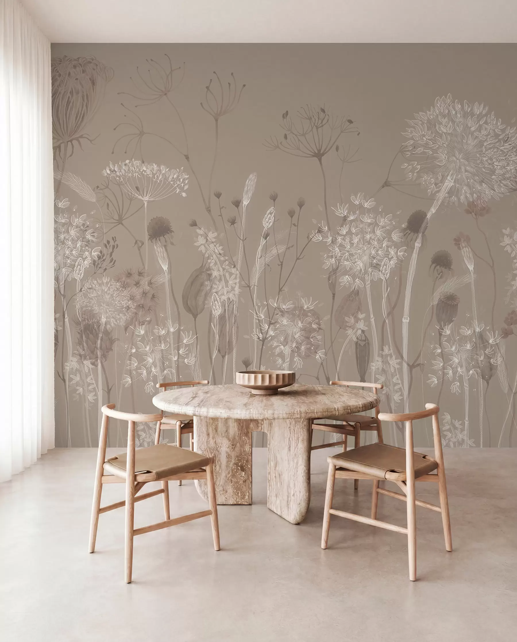 wall murals Грациозан узорак са деликатним маслачцима, биљкама и дивљим цвећем у беж сивим тоновима w08637v2