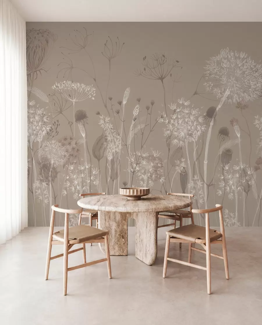 wall murals Грациозан узорак са деликатним маслачцима, биљкама и дивљим цвећем у беж сивим тоновима w08637v2