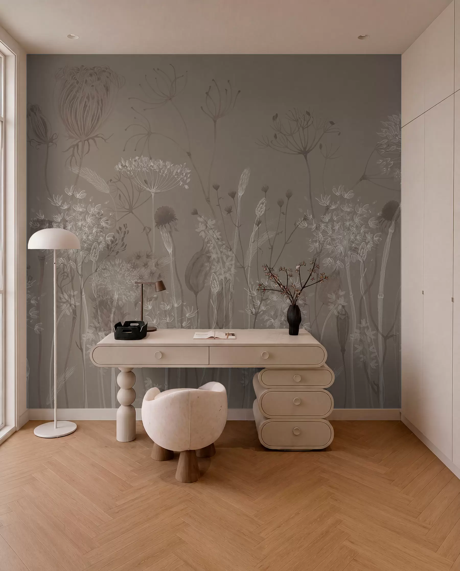 wall murals Грациозан узорак са деликатним маслачцима, биљкама и дивљим цвећем у беж сивим тоновима w08637v2