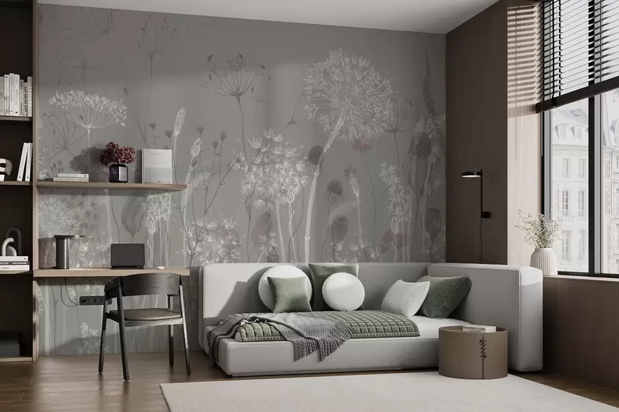 wall murals Ваздушни маслачак и дивље цвеће у акварел стилу у плаво-сивим тоновима w08637v3