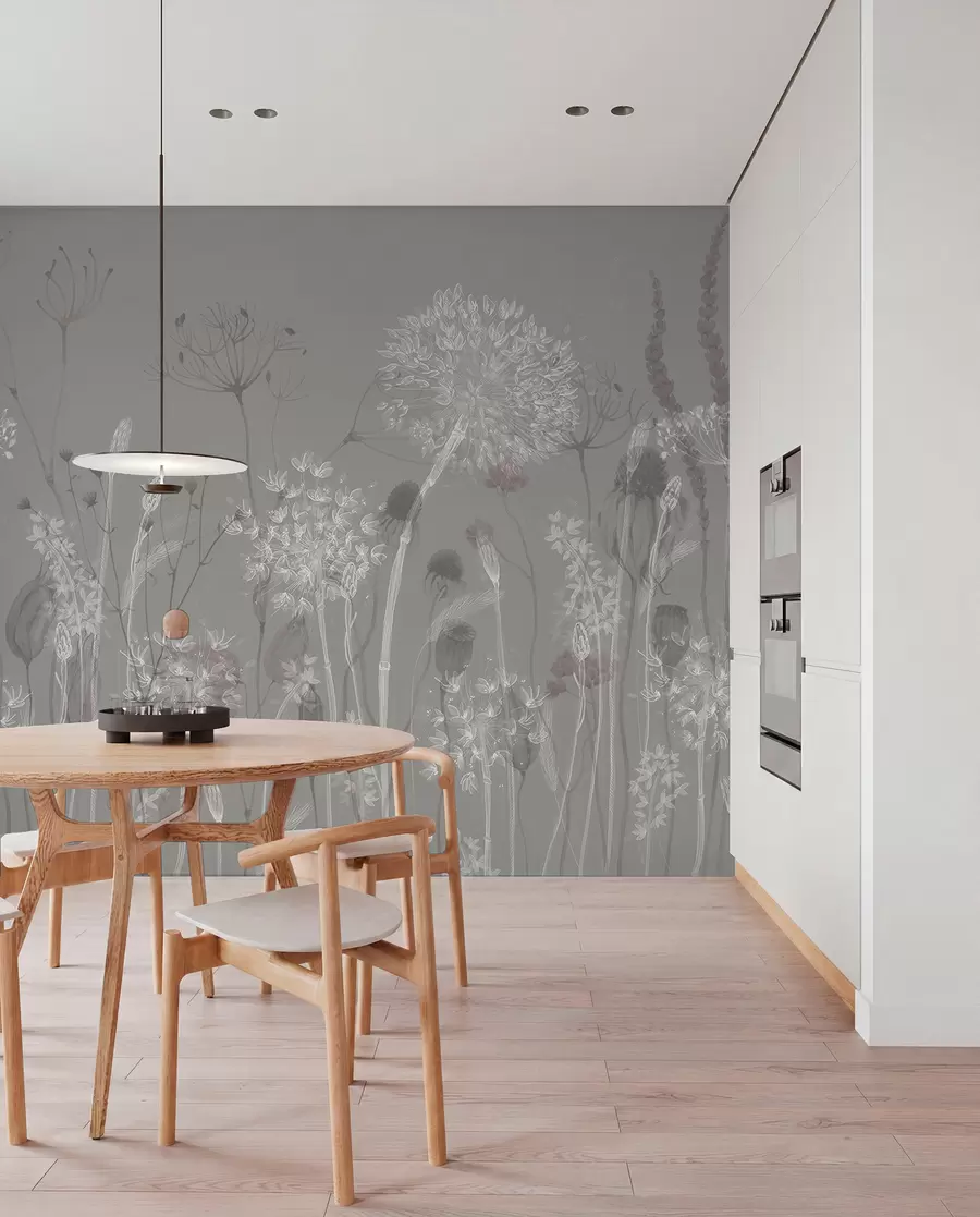 wall murals Ваздушни маслачак и дивље цвеће у акварел стилу у плаво-сивим тоновима w08637v3