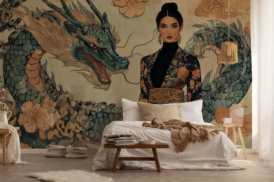 wall murals Жена у огртачу са змајем, оријентални стил
 w02875