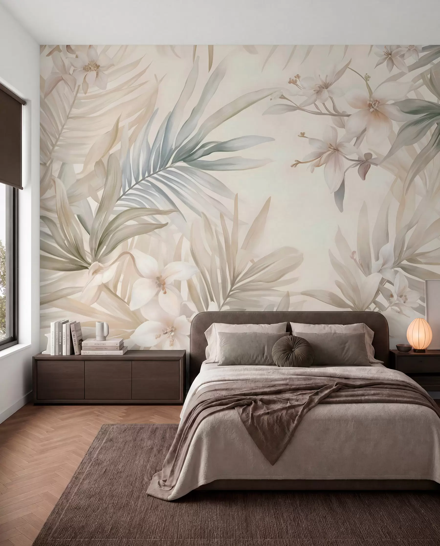 wall murals Тропско лишће и цвеће пастелних боја, са светло зеленим, кремастим и суптилним ружичастим w08660