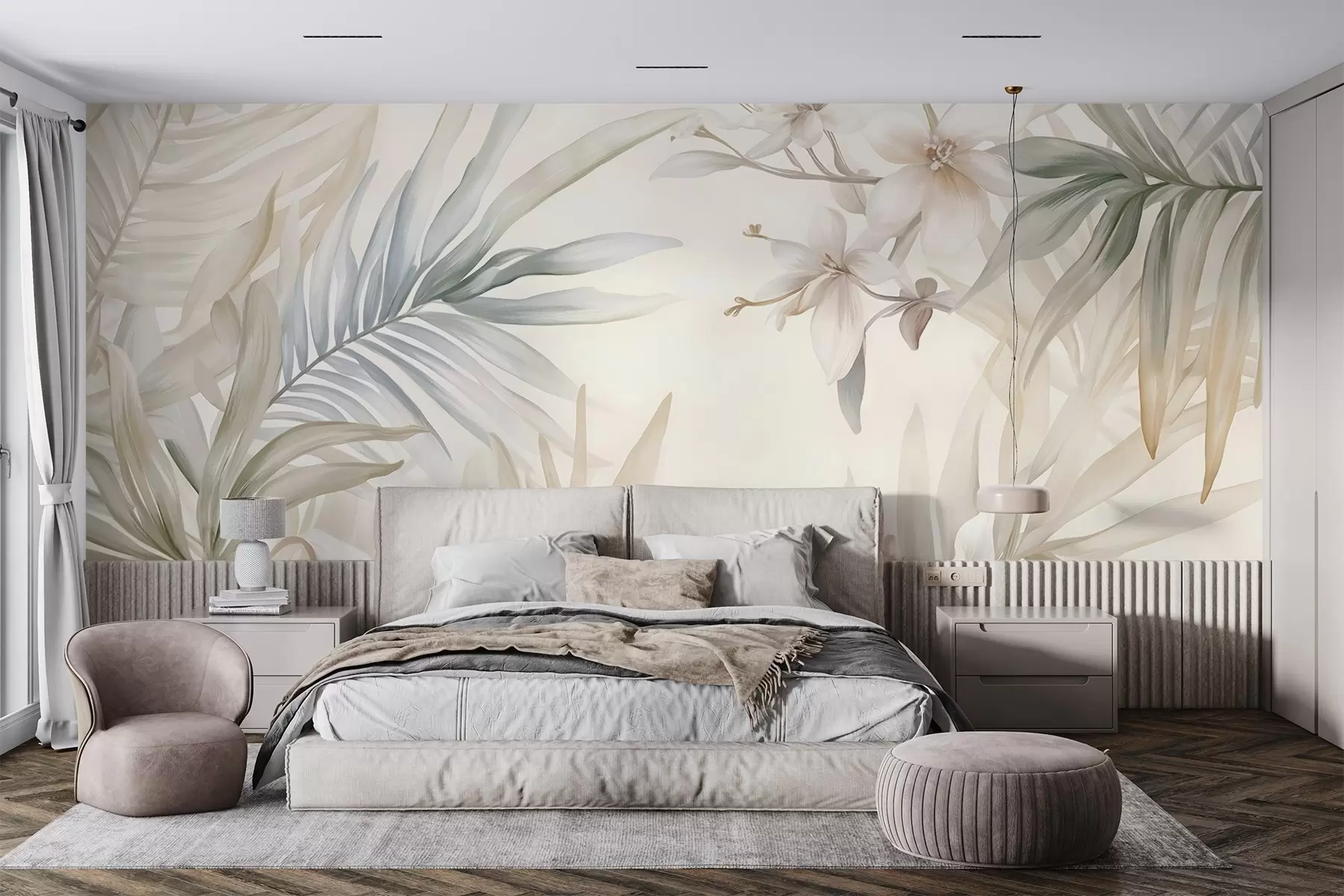 wall murals Тропско лишће и цвеће пастелних боја, са светло зеленим, кремастим и суптилним ружичастим w08660