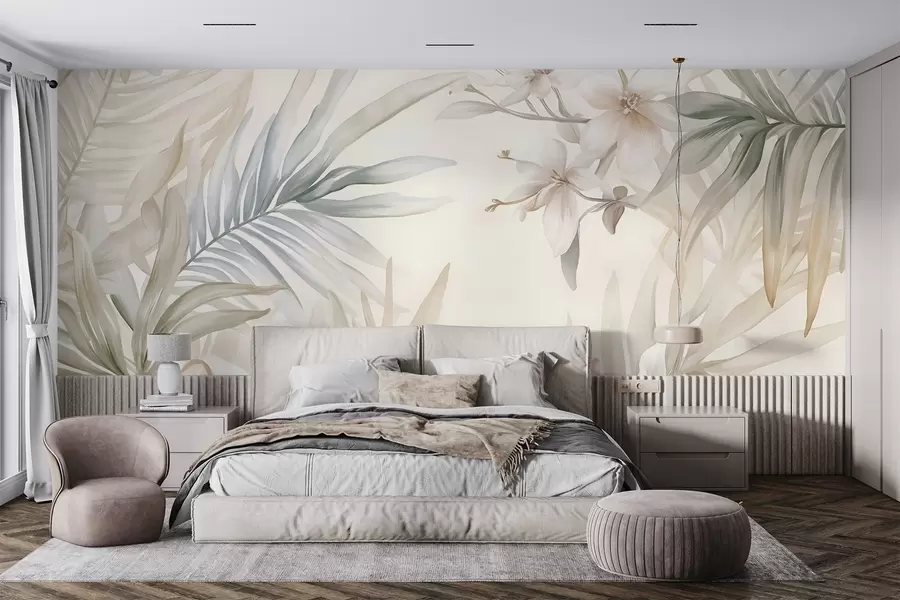 wall murals Тропско лишће и цвеће пастелних боја, са светло зеленим, кремастим и суптилним ружичастим w08660