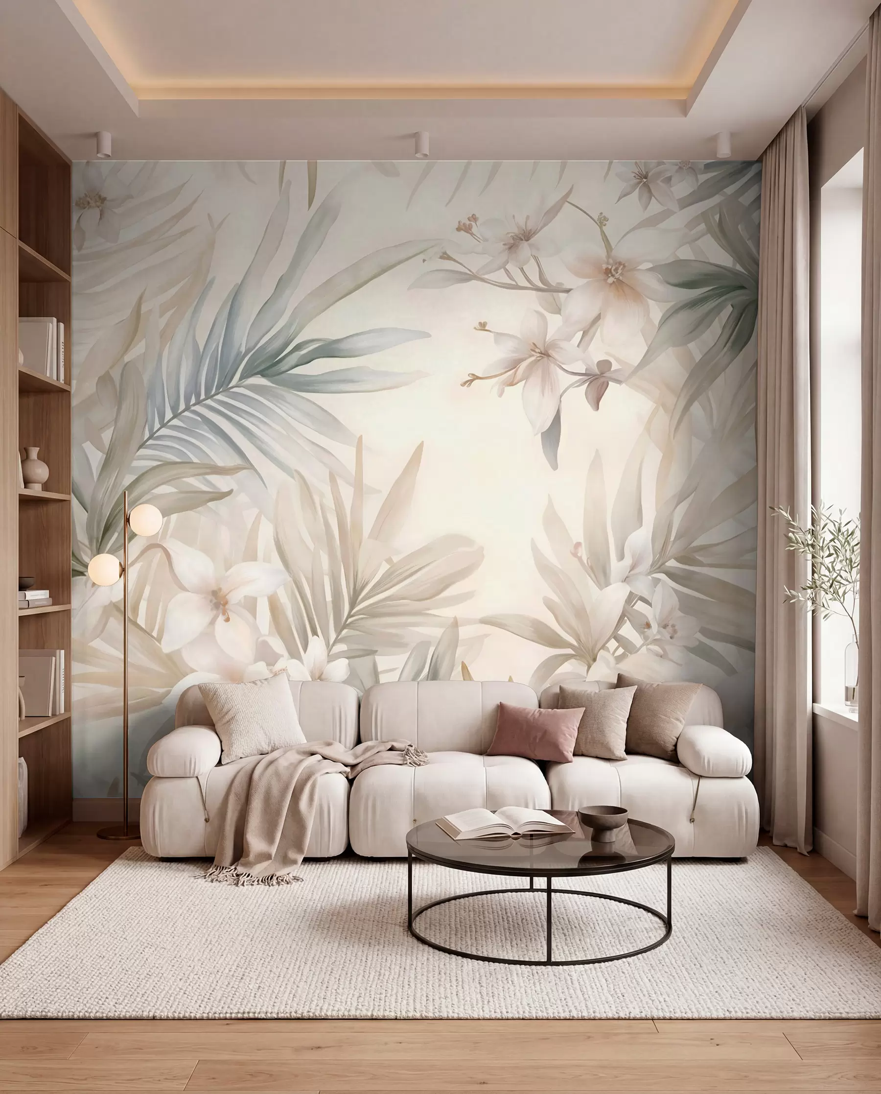 wall murals Тропско лишће и цвеће пастелних боја, са светло зеленим, кремастим и суптилним ружичастим w08660