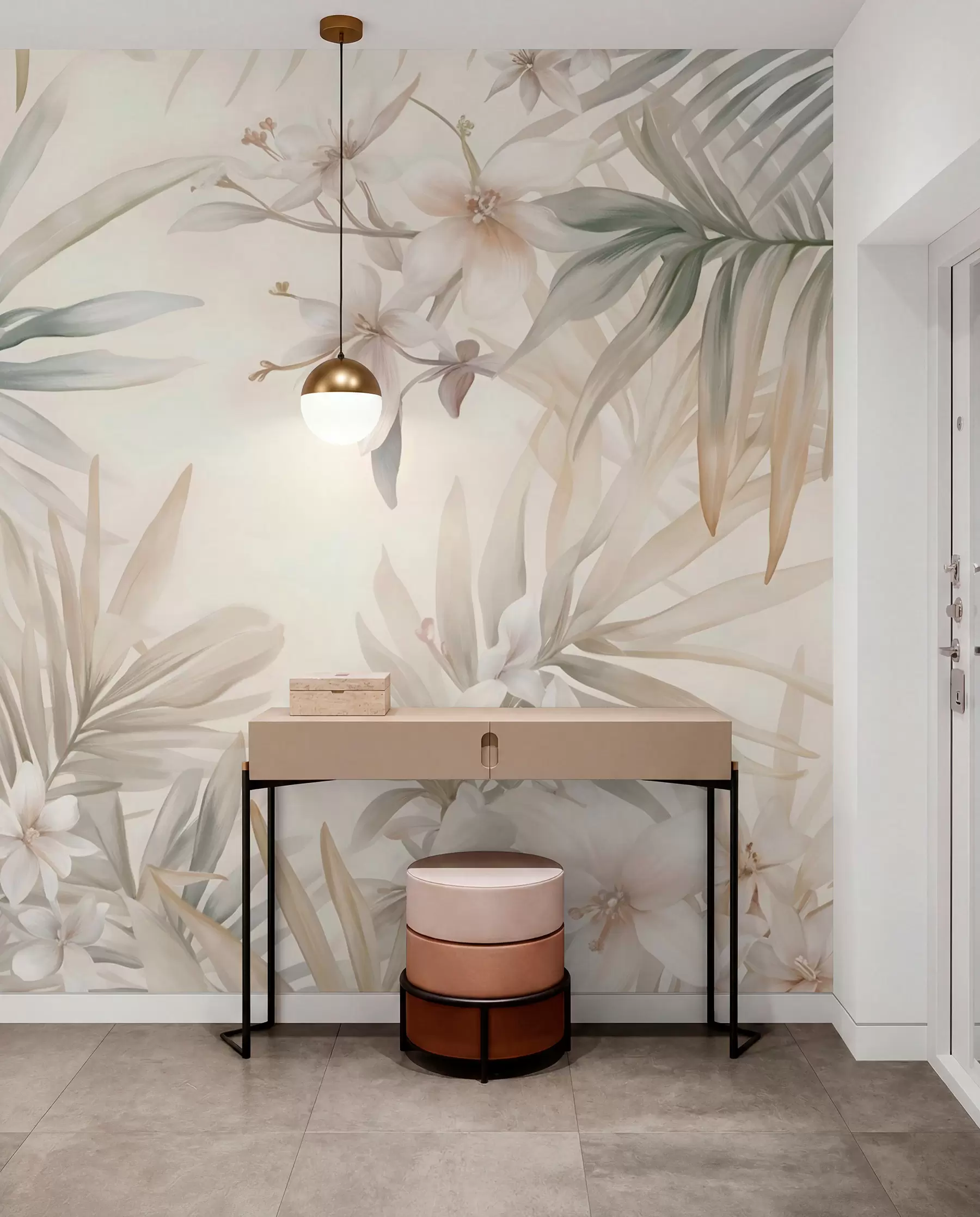 wall murals Тропско лишће и цвеће пастелних боја, са светло зеленим, кремастим и суптилним ружичастим w08660