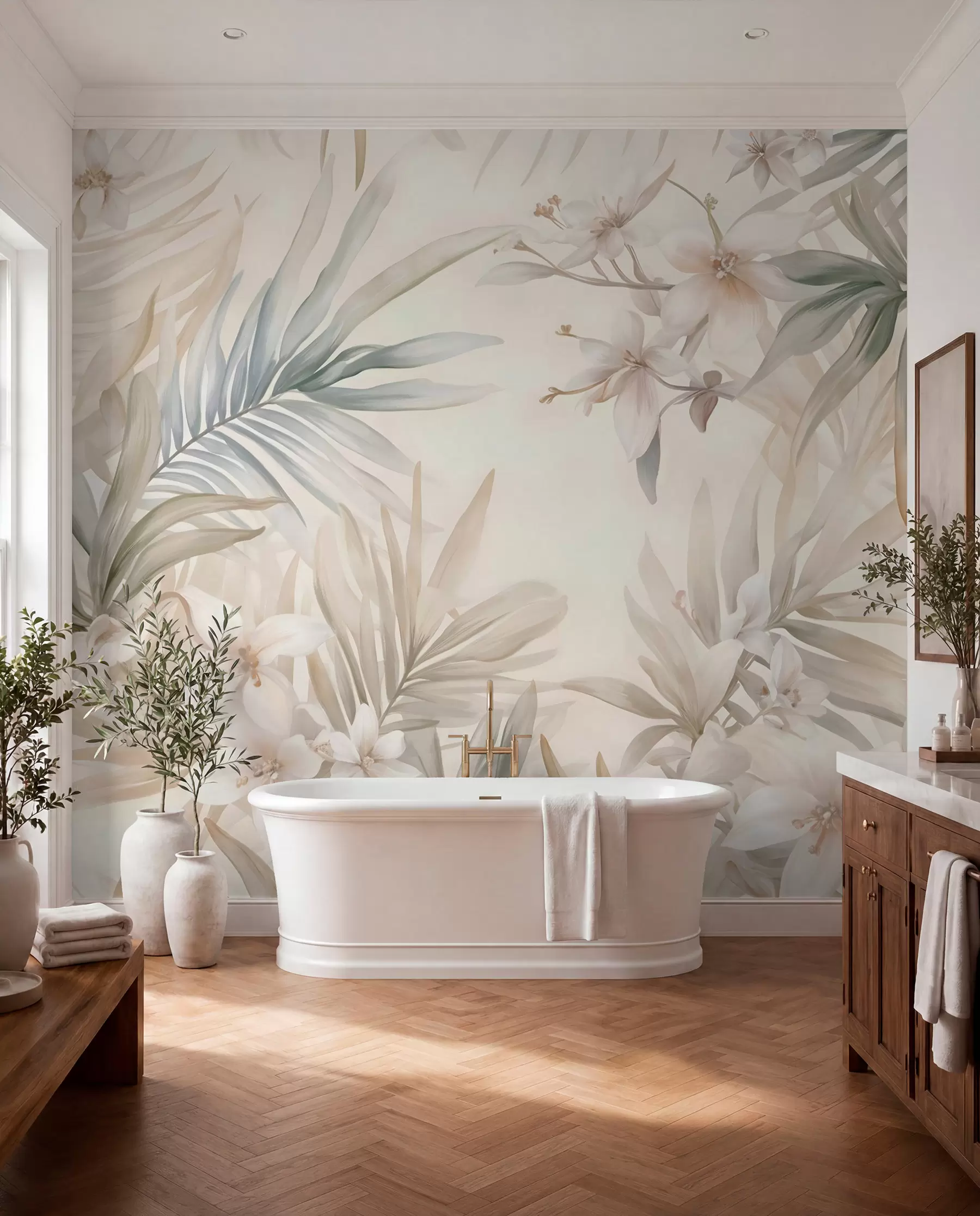 wall murals Тропско лишће и цвеће пастелних боја, са светло зеленим, кремастим и суптилним ружичастим w08660