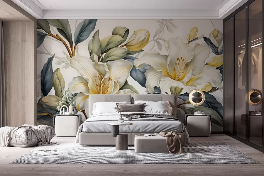 wall murals Сликање белих љиљана са жутим акцентима и зеленим и смеђим листовима, на светлој позадини w08661