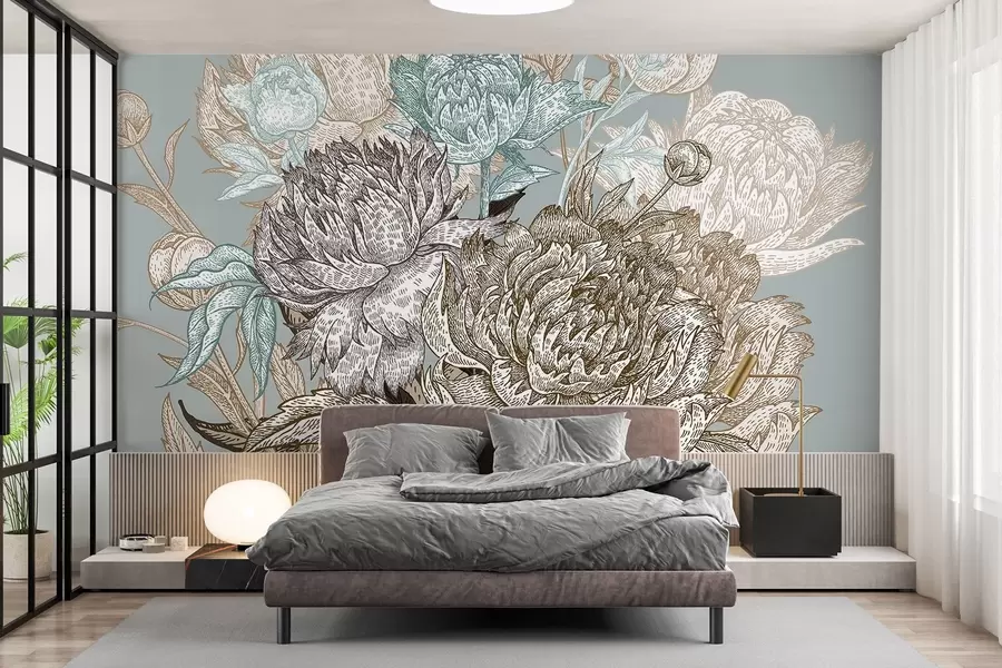 wall murals Детаљан дизајн цветних линија са великим божурима и листовима у нијансама плаве, беж и браон w08663