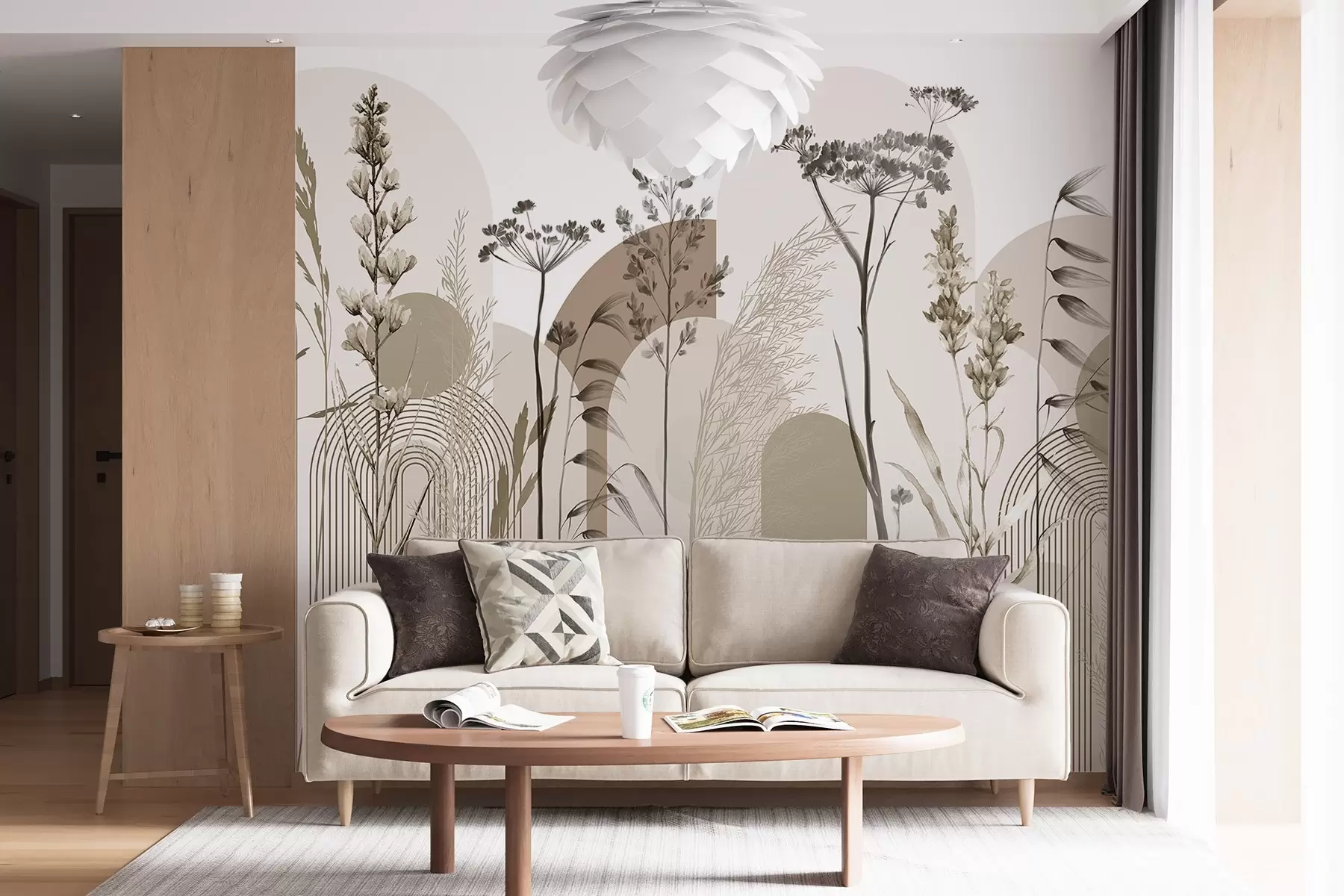 wall murals Колекција биљака и цвећа у неутралним тоновима на апстрактној позадини лука у меким беж и браон нијансама w08665