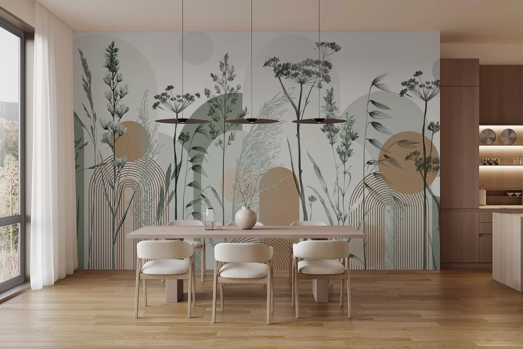 wall murals Колекција биљака и цвећа у неутралним тоновима на апстрактној позадини лука у меким беж и браон нијансама w08665