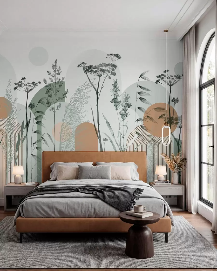 wall murals Колекција биљака и цвећа у неутралним тоновима на апстрактној позадини лука у меким зеленим и наранџастим нијансама w08665v1