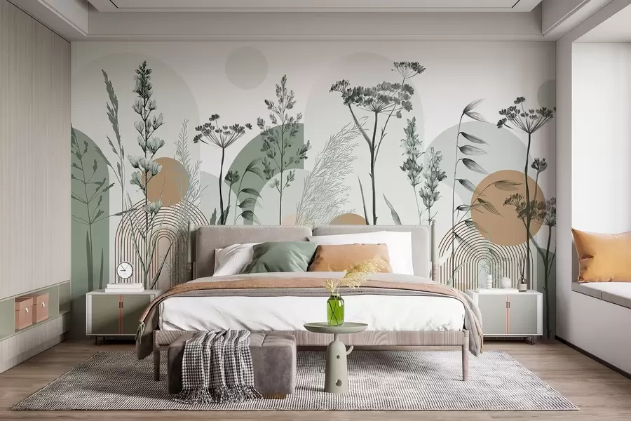 wall murals Колекција биљака и цвећа у неутралним тоновима на апстрактној позадини лука у меким зеленим и наранџастим нијансама w08665v1