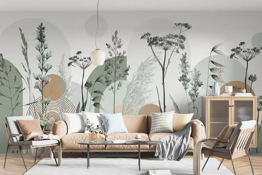 wall murals Колекција биљака и цвећа у неутралним тоновима на апстрактној позадини лука у меким зеленим и наранџастим нијансама w08665v1