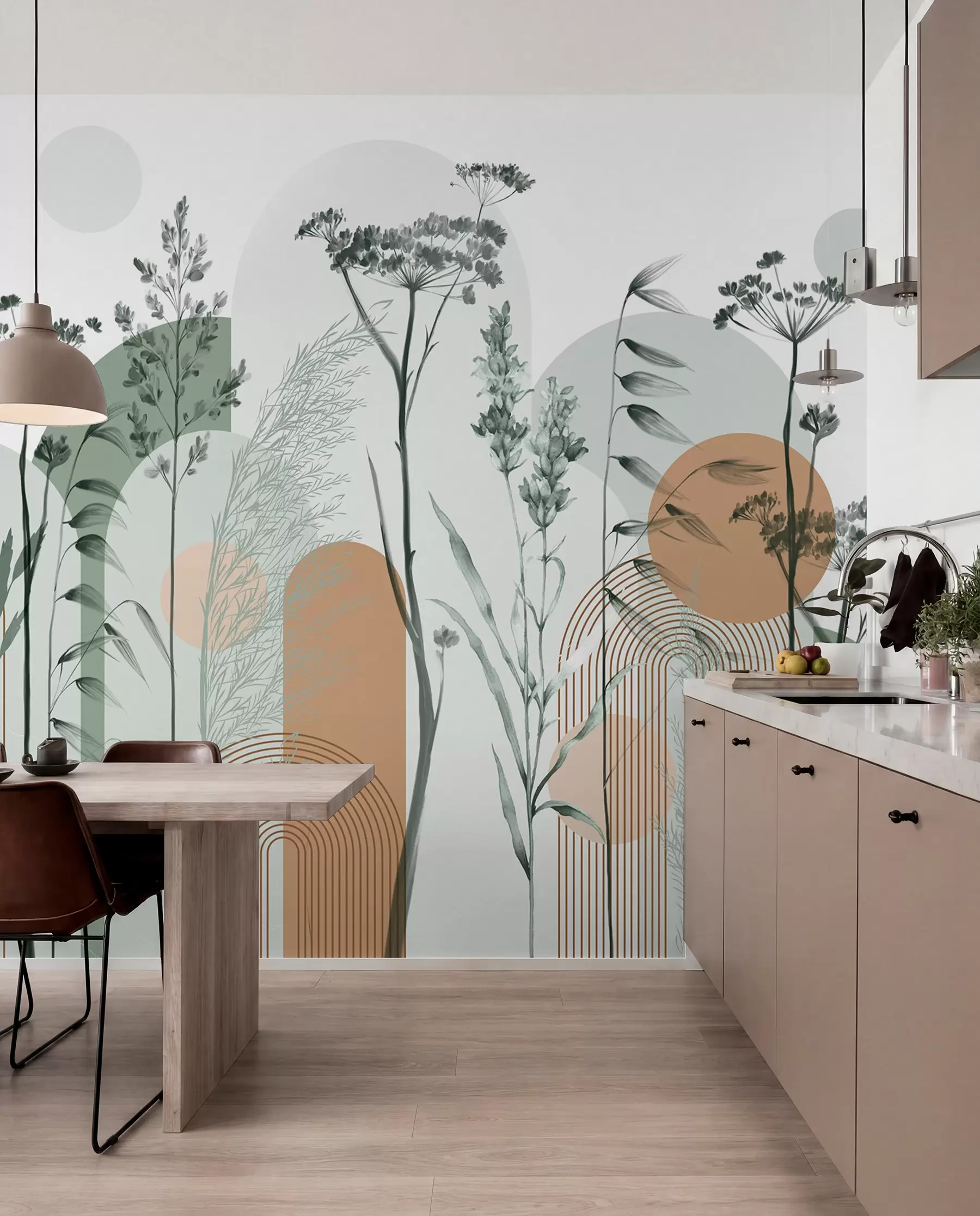 wall murals Колекција биљака и цвећа у неутралним тоновима на апстрактној позадини лука у меким зеленим и наранџастим нијансама w08665v1