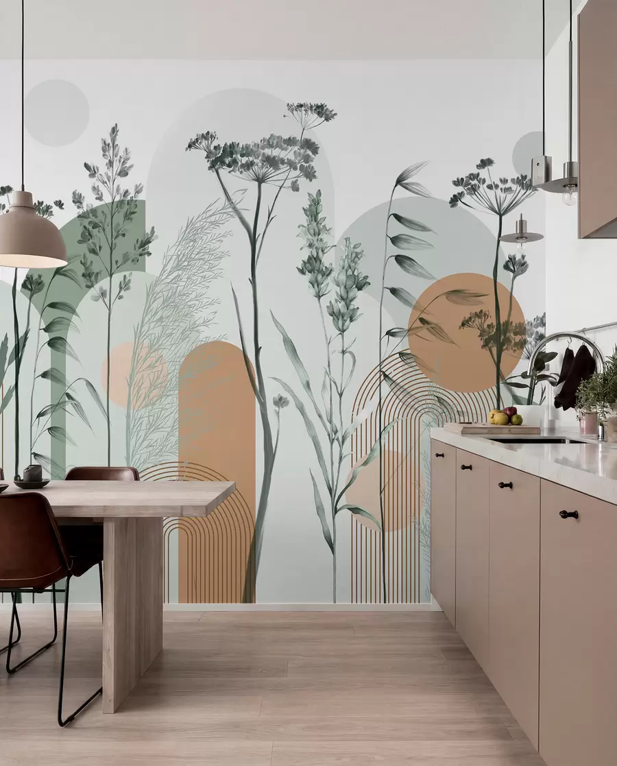 wall murals Колекција биљака и цвећа у неутралним тоновима на апстрактној позадини лука у меким зеленим и наранџастим нијансама w08665v1