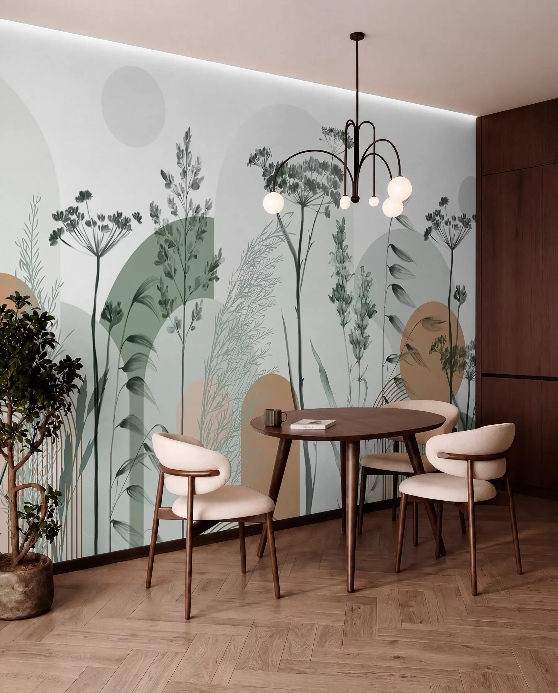 wall murals Колекција биљака и цвећа у неутралним тоновима на апстрактној позадини лука у меким зеленим и наранџастим нијансама w08665v1