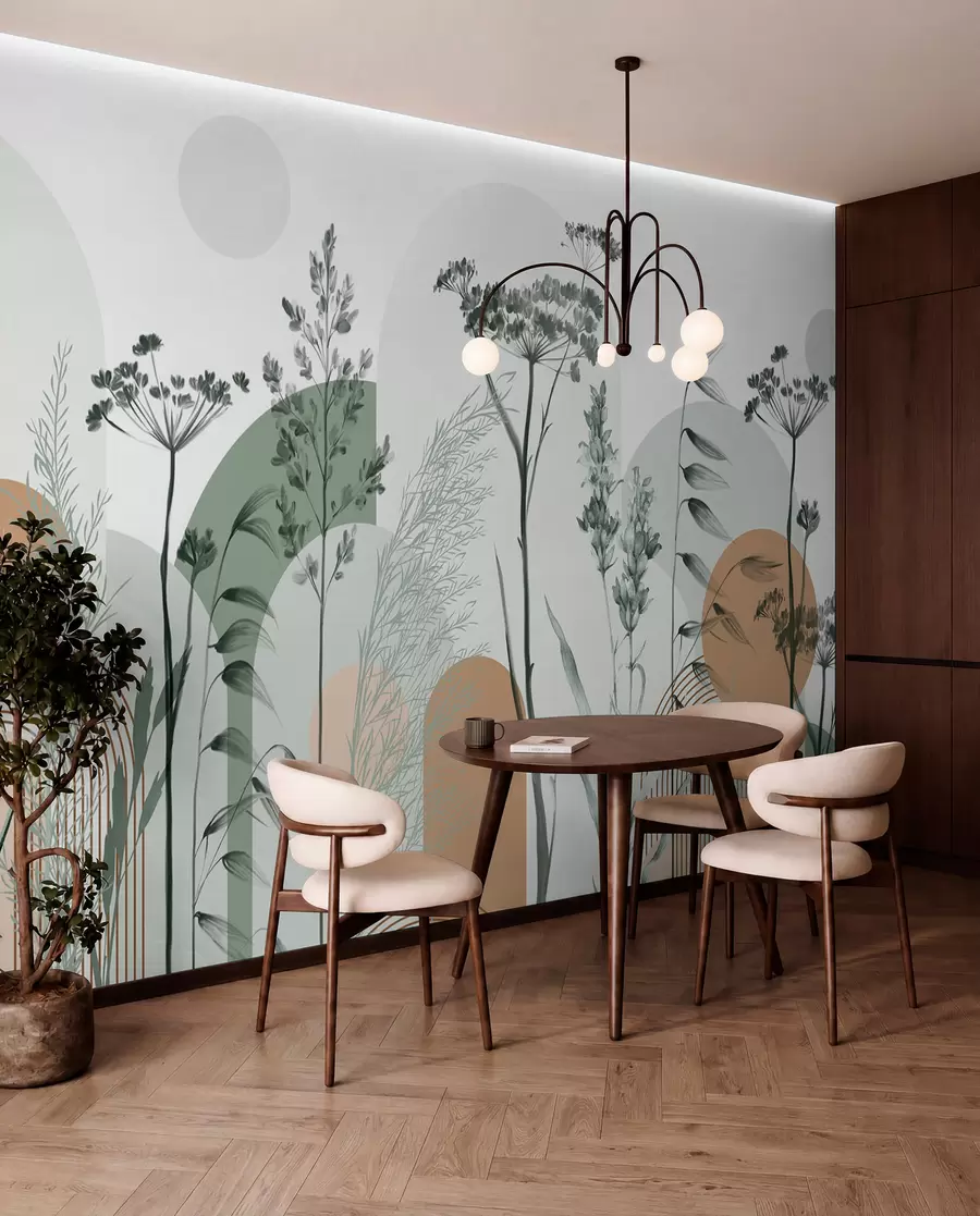 wall murals Колекција биљака и цвећа у неутралним тоновима на апстрактној позадини лука у меким зеленим и наранџастим нијансама w08665v1