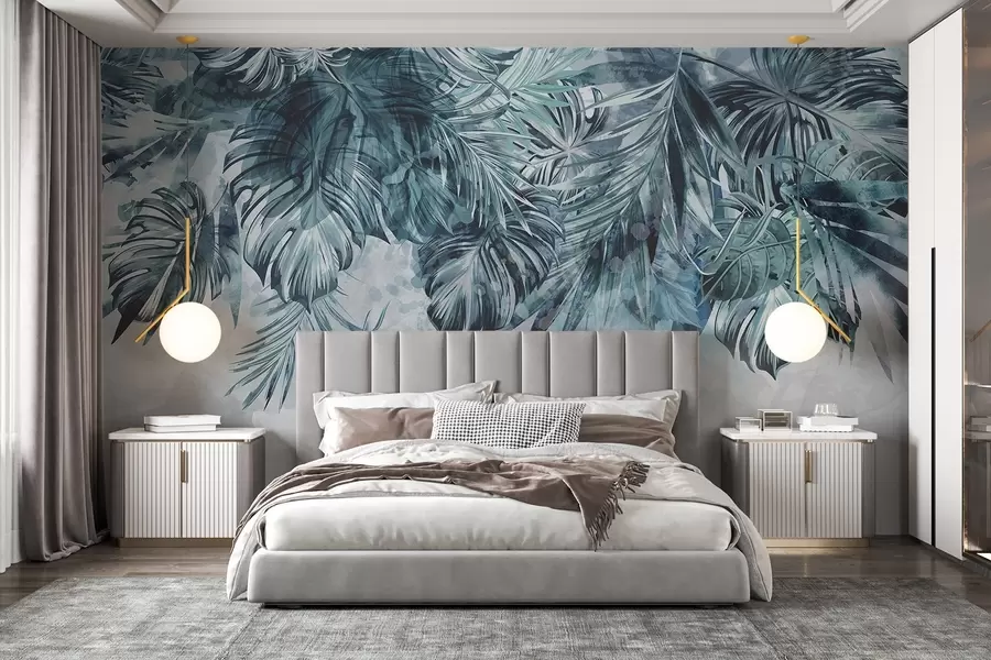 wall murals Тропско лишће у нијансама тиле и зелене, каскадно с врха, на светлој, текстурираној позадини w08667