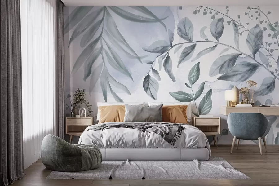 wall murals Ботанички принт са листовима и цветним гранама у нежним пастелним бојама, на позадини налик на акварел w08668v1