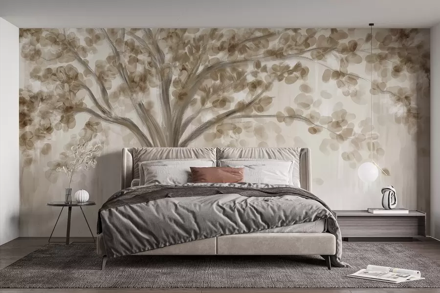 wall murals Велико дрво са меким, апстрактним листовима у беж боји на светлој, неутралној позадини која појачава тонове дрвета  w08669