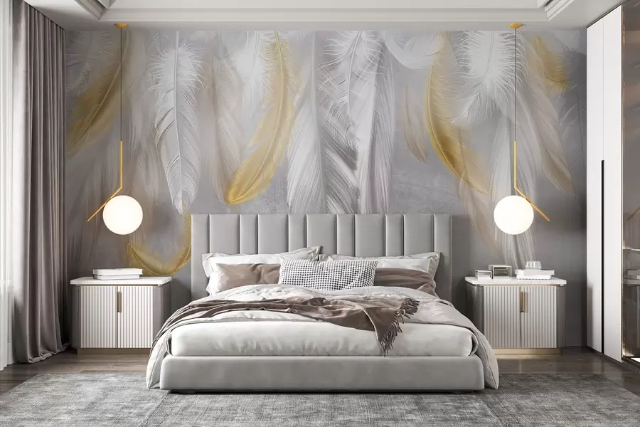 wall murals Бело и жуто перје виси на меко сивој позадини, стварајући деликатну и прозрачну композицију w08670