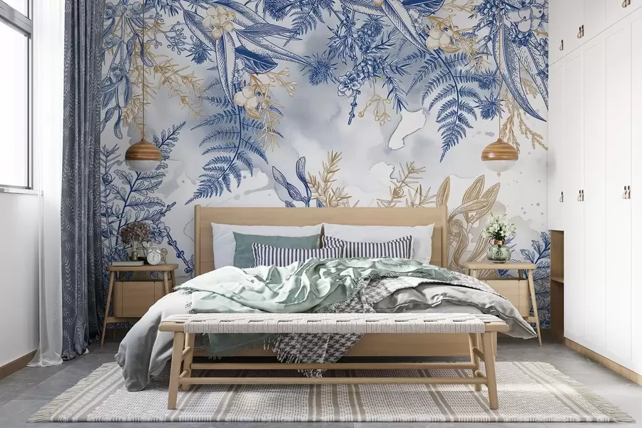 wall murals Цветни принт са плавим и жутим ботаничким елементима, на светлој, мекој позадини са ефектима акварела  w08671