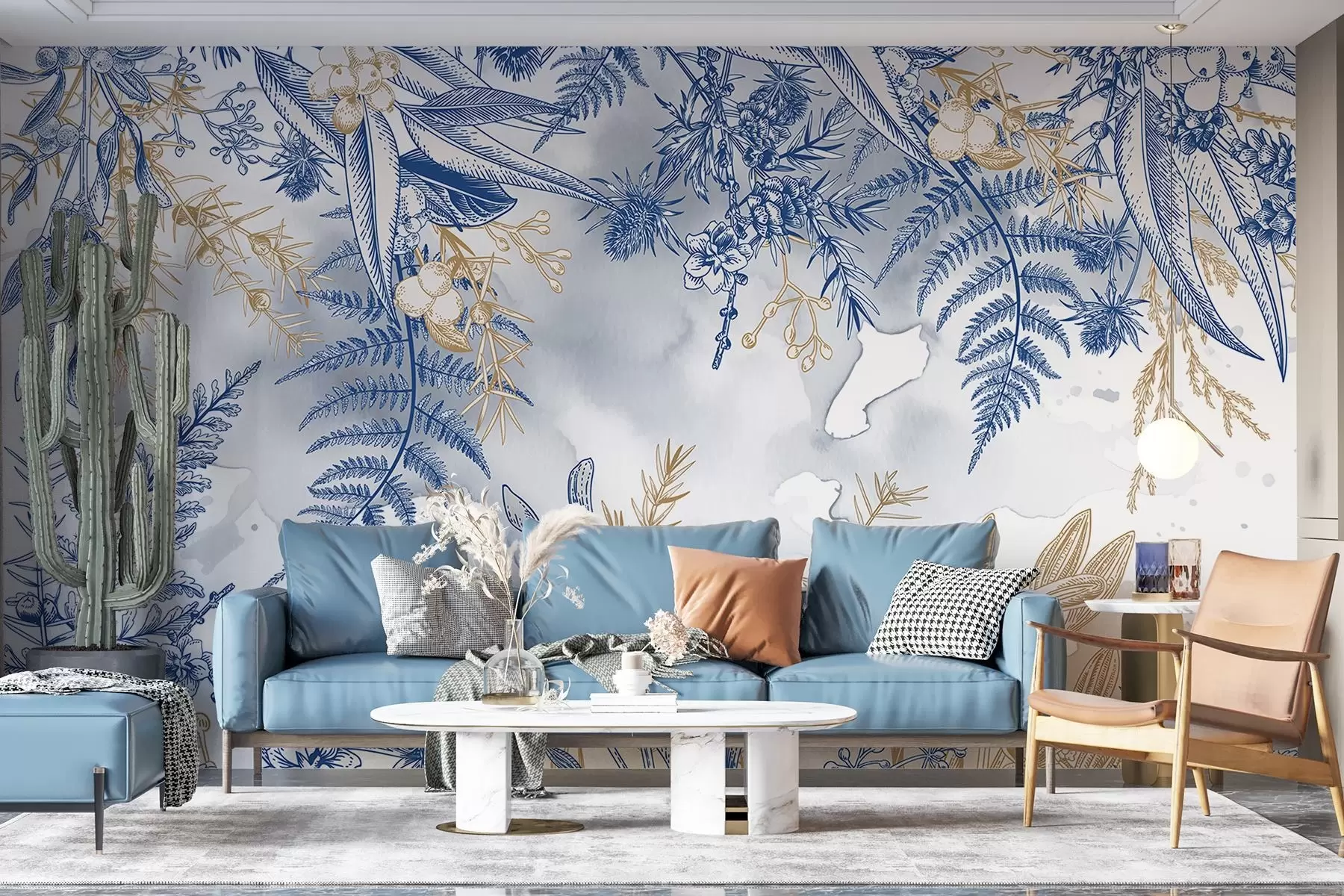 wall murals Цветни принт са плавим и жутим ботаничким елементима, на светлој, мекој позадини са ефектима акварела  w08671