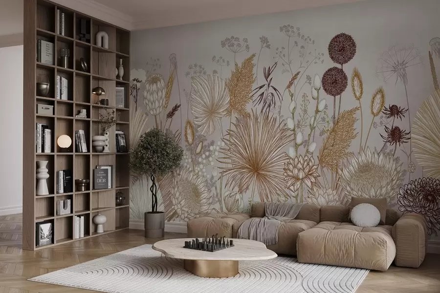 wall murals Цвеће и биљке у топлим тоновима беж у ботаничком стилу са различитим облицима и текстурама  w08672