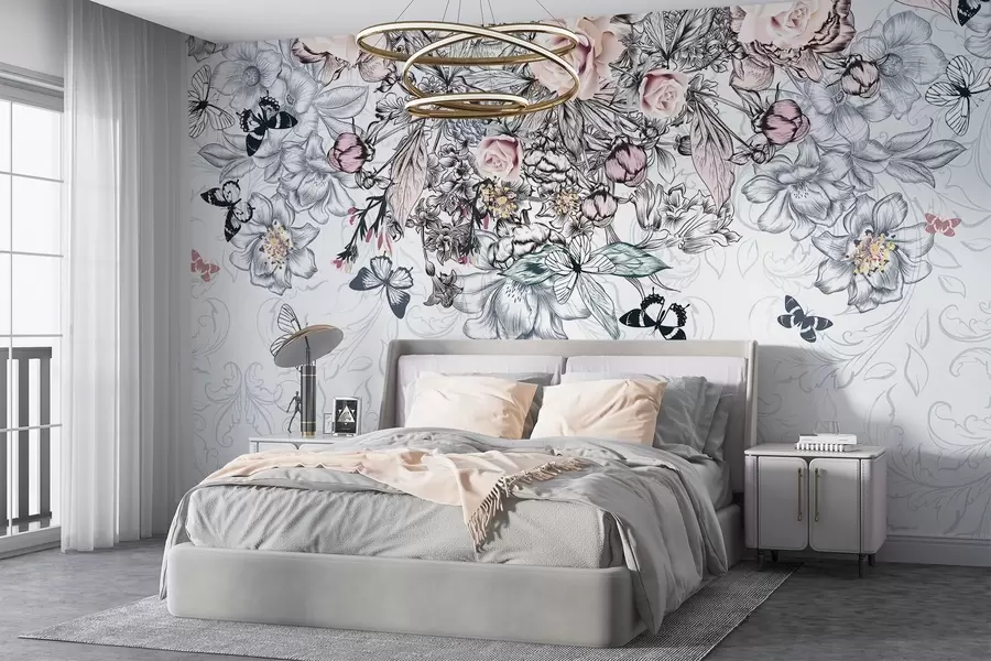 wall murals Цветни цртеж са ружичастим ружама и разним цвећем и лептирима са замршеном линијом на текстурираној позадини w08674