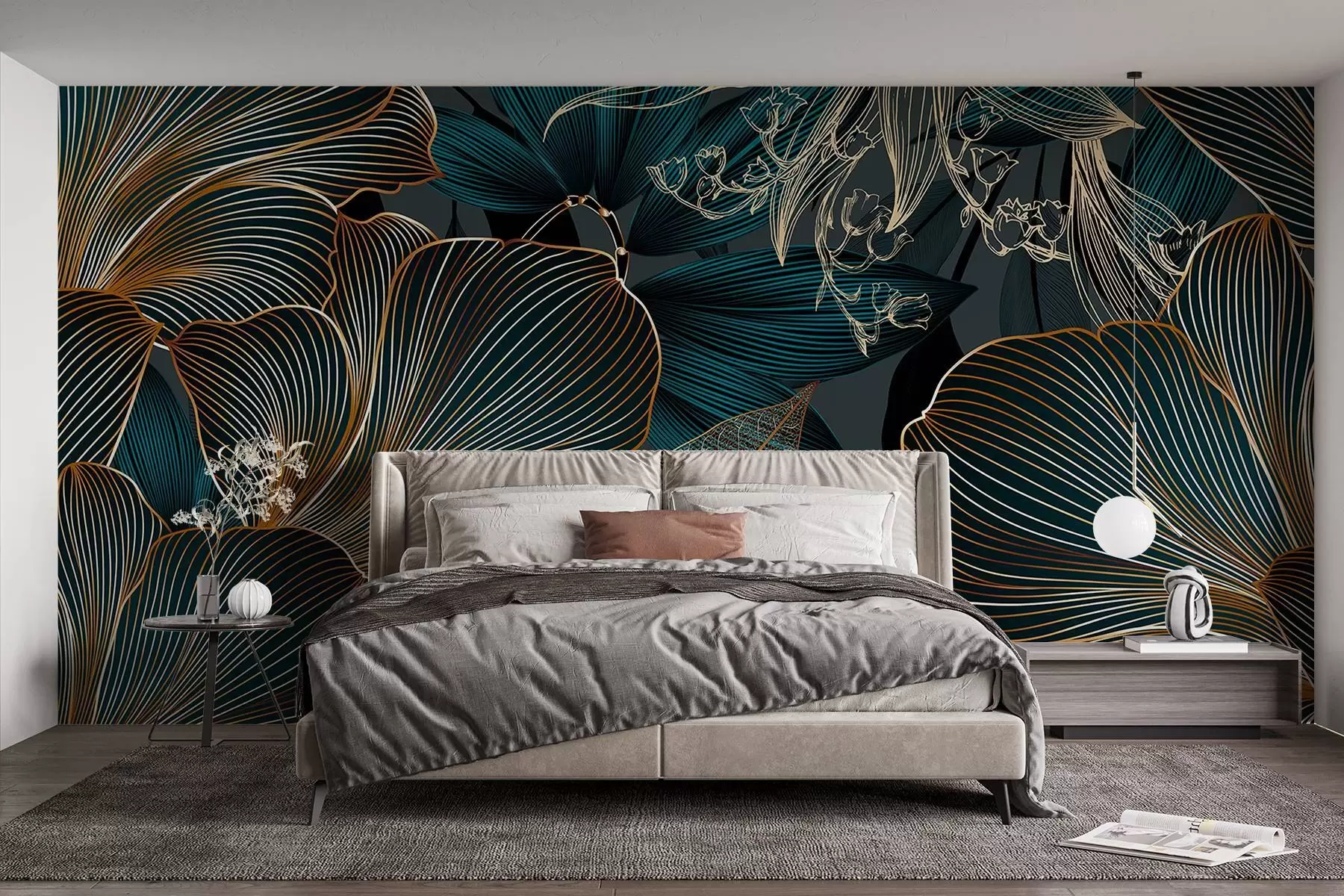 wall murals Стилизовано цвеће и листови са замршеном линијом раде у нијансама тиркизне и жуте на тамној позадини w08675