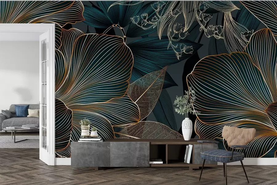 wall murals Стилизовано цвеће и листови са замршеном линијом раде у нијансама тиркизне и жуте на тамној позадини w08675