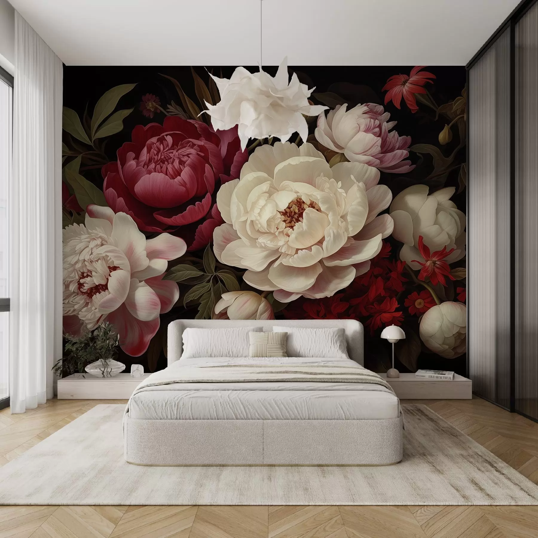 wall murals Луксузни букет божура и цвећа у богатим црвеним, розе и крем нијансама на тамној позадини w08689