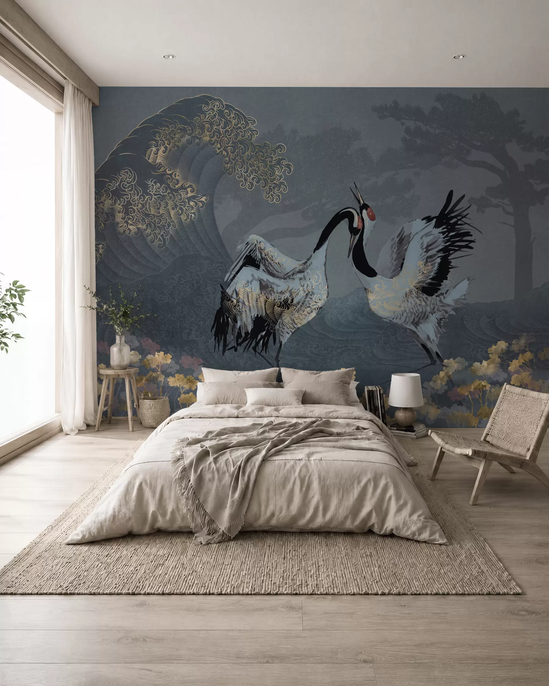 wall murals Ждралови, дрвеће и таласи са елементима у кинеском стилу w02747