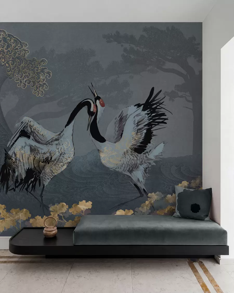 wall murals Ждралови, дрвеће и таласи са елементима у кинеском стилу w02747