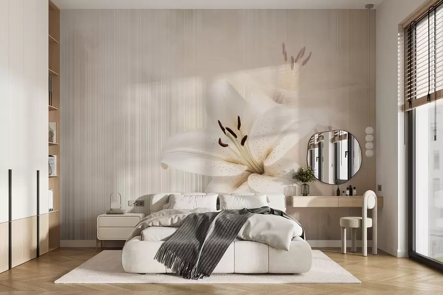 wall murals Деликатни беж љиљани на позадини вертикалних пруга w08676