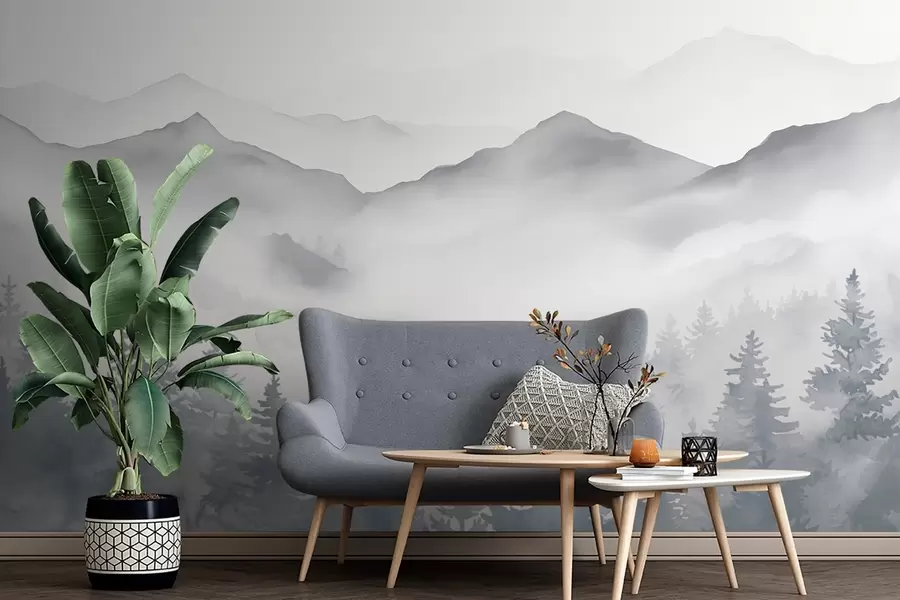 wall murals Спокојан планински пејзаж са магловитим шумама у меким сивим и плавим тоновима w08680