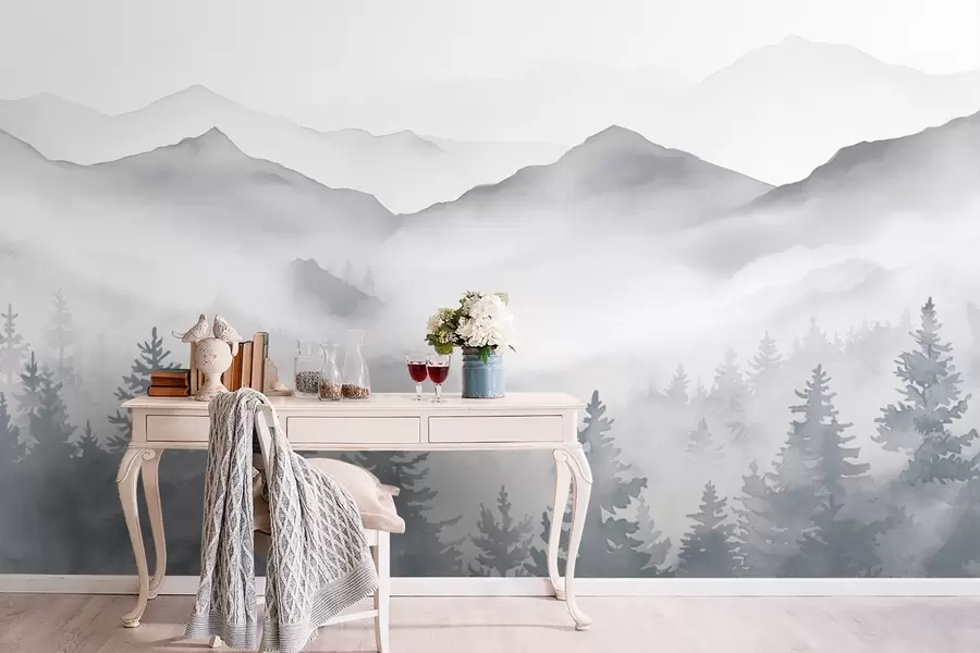 wall murals Спокојан планински пејзаж са магловитим шумама у меким сивим и плавим тоновима w08680