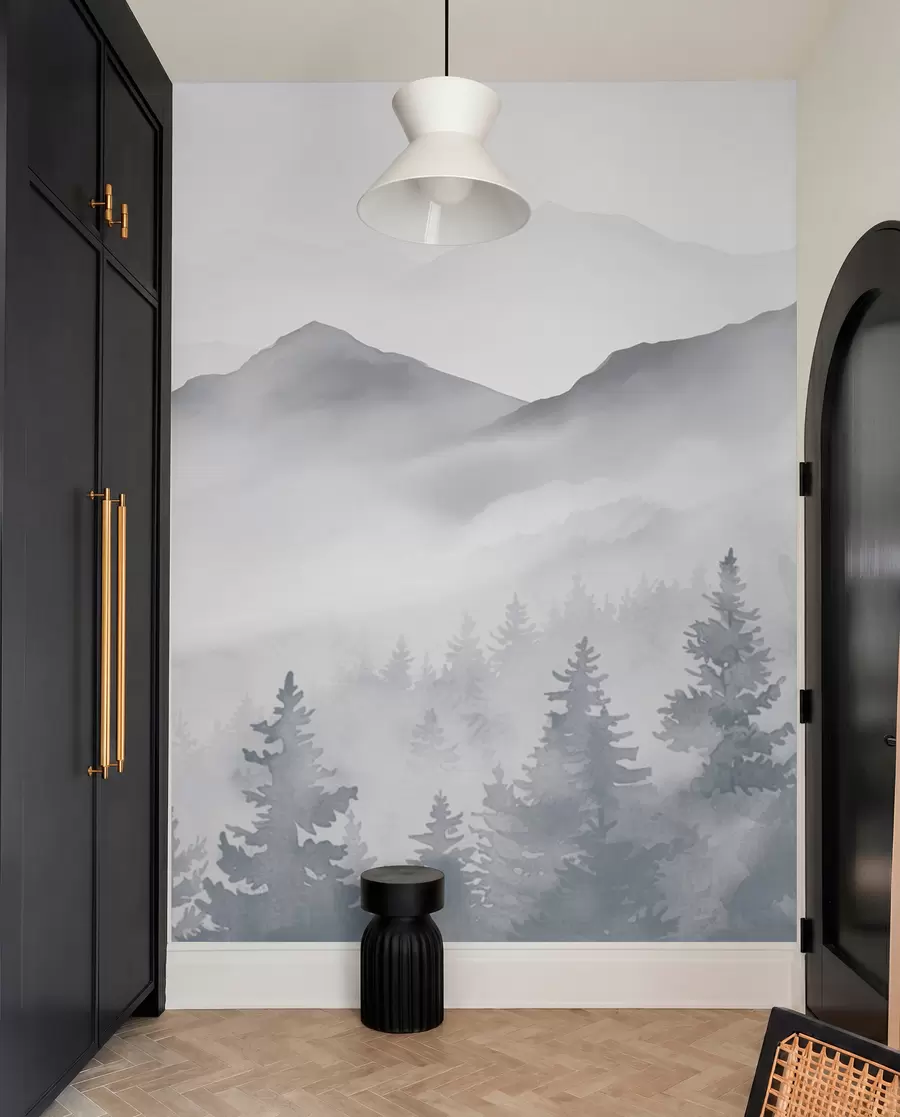 wall murals Спокојан планински пејзаж са магловитим шумама у меким сивим и плавим тоновима w08680
