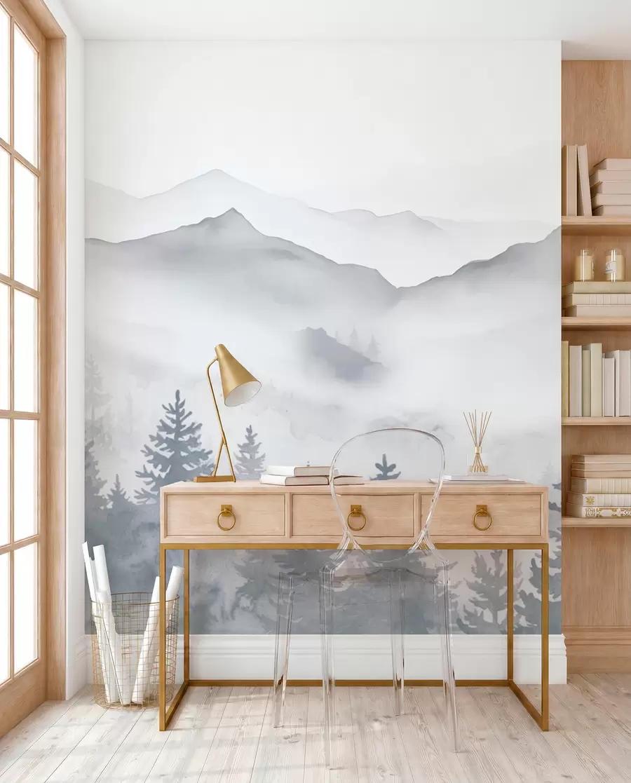 wall murals Спокојан планински пејзаж са магловитим шумама у меким сивим и плавим тоновима w08680